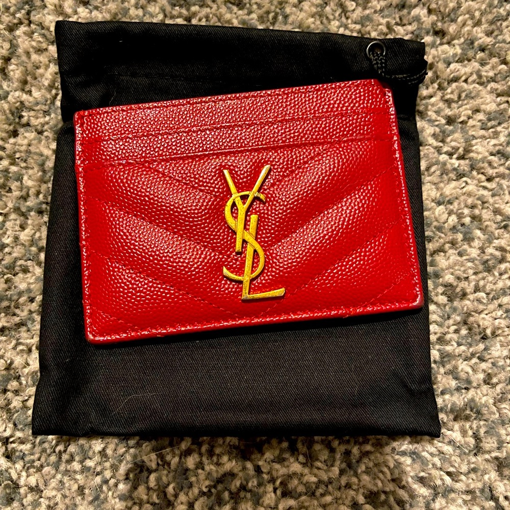 YSL Monogram Matelasse Leather Card Case in Red